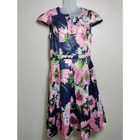 ModCloth Navy Pink Floral Fit Flare Dress Cap Sleeve Garden Party Brunch Dress - Picture 2 of 9